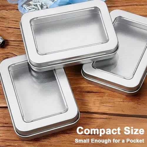 Image of HASTHIP 2Pcs Tin Box Small - Rectangular Metal Storage Box with Clear Window Portable Silver Tiny Storage Boxs for Candy, Mints, Jewelry, Gift and Craft Storages, 115x85x22mm
