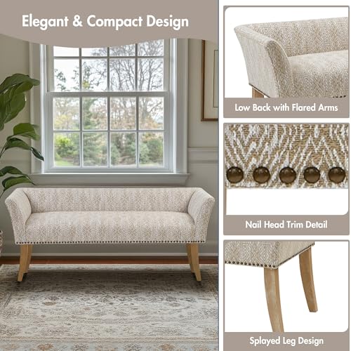 Image of Madison Park Accent Bench for Living Room, Upholstered with Nailhead Trim, & Padded Seat Entryway Bench Small, End of Bed Bench with Back, 49.5 inch W x 19.25 inch D x 23 inch H, Taupe Multi