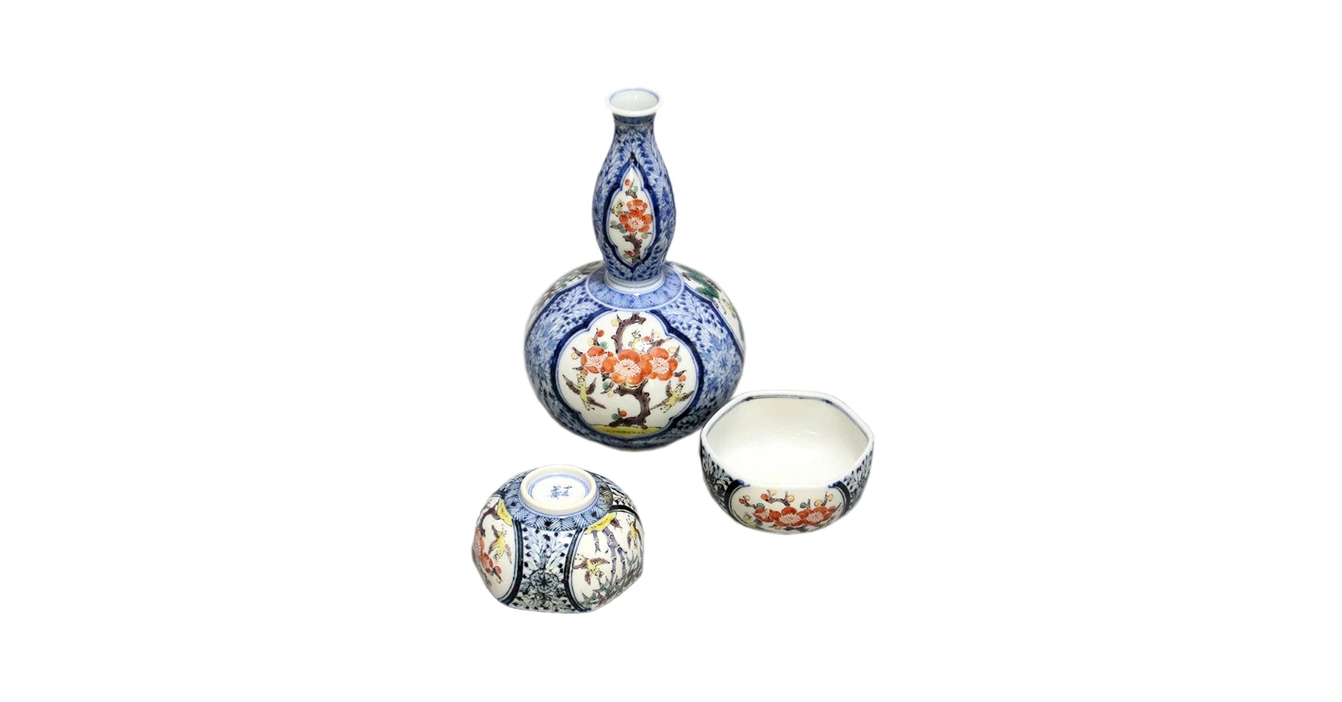 Amazon.co.jp: 三浦晃禎 九谷焼酒器揃（徳利＆盃セット ）青華色彩三友