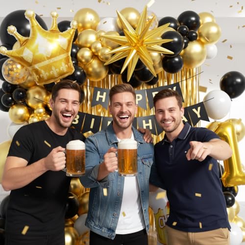 Image of 21st Birthday Decorations for Him 150pcs with Number 21 Foil Balloon Fringe Curtains White Black and Gold Balloons Arch Kit for 21st Birthday Decorations Graduation Birthday Balloons for Bed