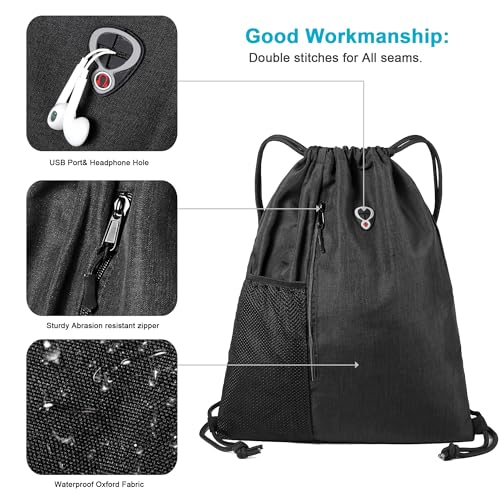 Image of BeeGreen Mix Black Drawstring-Backpack-Gym-Bag, Large Sports Bag For Women W Water Bottle Pocket &Front Zippered Pocket, String Sackpack For Traveling Yoga Beach Outdoor