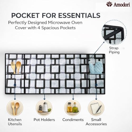 Image of Microwave Oven Top Cover 35x100 cm | Wipe Clean Fabric | 4 Utility Pockets (Geometric-17)