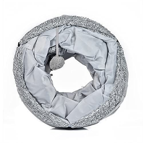 Faltbar Katzentunnel Katzenspielzeug mit Ball Spieltunnel Knisternder Rascheltunnel Aus Wildleder für Alle Katzen Kaninchen Welpen und Kleine Tiere,Mit Hängendem Lustiger Katzenstock(Grau)