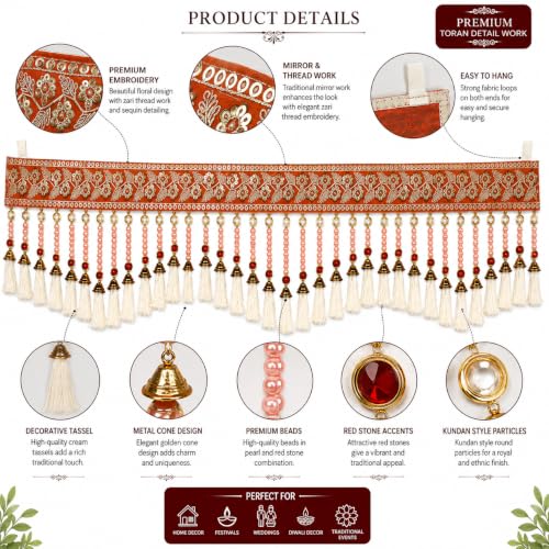 Image of ONESTA Traditional Embroidered Door Toran for Main Door | Decorative Bandhanwar with Tassels & Bells | Handmade Home Entrance Hanging | Festive Diwali Pooja Decor | Cream & Gold 3 Feet (Size 36 Inch Pack 01)