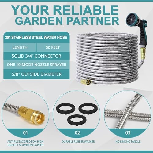 50FT Garden Hose, 304 Stainless Steel Water Hose, Flexible with a 10-Mode Nozzle Sprayer, No Kink, Lightweight, Puncture Proof, Ideal for Yard, Lawn, Outdoor, 5/8" Outside Diameter - Thumbnail 4