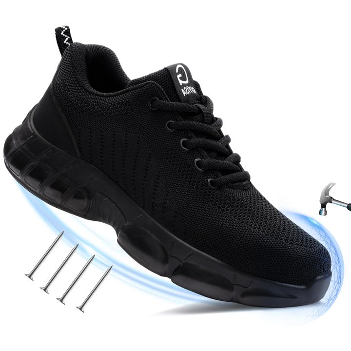 Steel Toe Shoes for Men Lightweight Work Shoes Safety Shoes Air Cushioned Steel Toe Sneakers Indestructible Steel Tennis Toe Shoes Construction Industrial Work Safety Sneakers