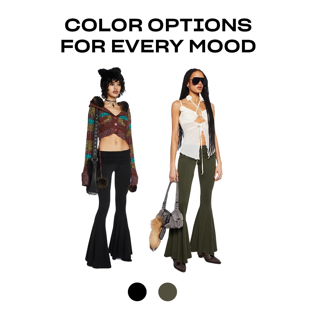 Dolls Kill Dew Morning Flare Pants by Current Mood – Ruched Jersey, Foldover Waistline, Low Rise Fit with Flared Leg