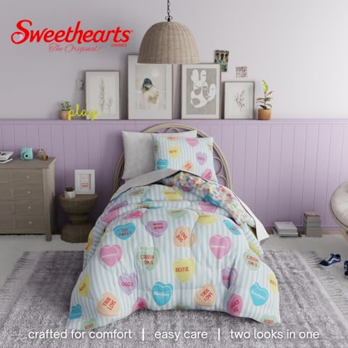 Image of Sweethearts Original Candy Hearts Bedding 5 Piece Twin Bed Set, Soft Cozy Nostalgia Reversible Comforter and Sheet Set with Sham, Officially Licensed Product By Franco