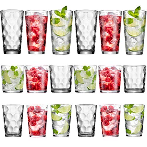 Lumientti Highball Glasses Set of 18 Drinking Glasses - Includes: 6-17-Ounce Hiball Glasses & 6-13-Ounce DOF Glasses, & 6 7-Ounce Juice Glasses. | Durable & Attractive Highball & Drinking Glasses