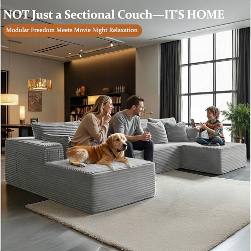 Image of 138 inch Oversized Cloud Sectional Couch, Comfort U Shaped Boneless Couch for Living Room, Extra Deep Seats No Assembly, Modular Sofa, Corduroy (Light Grey, 3 Seater+Left Facing Chaise+Ottoman)