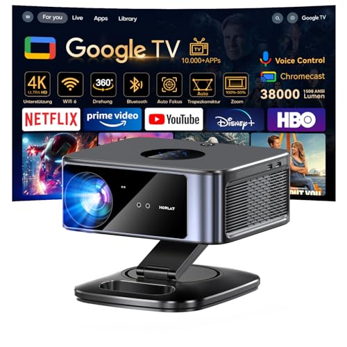 Beamer 4K【Google TV & Autofokus/1500 ANSI】 Full HD 1080P HORLAT Smart Projektor 38000 Lumen mit WiFi 6, Bluetooth, Sprachassistent, Heimkino/Outdoor Video Beamer Netflix