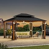 Modern Shade The Horizon Hardtop Gazebo 12' x 14' with 4 LED Lights, Permanent Outdoor Gazebo with Galvanized Steel Double Roof, Grill Pavilion with Decor Hooks, Mosquito Nettings, Wood Grain
