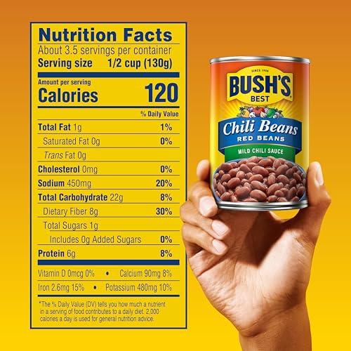 Bush\'s Canned Mild Red Chili Beans (Pack of 1), Plant-Based Protein, Excellent Source of Fiber, Low Fat, Gluten Free, in Mild Chili Sauce, 16 oz