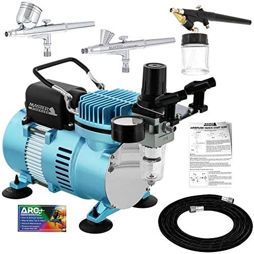 Master Airbrush Cool Runner II Dual Fan Air Compressor Airbrushing System Kit with 3 Professional Airbrush Sets, 0.2, 0.3 mm Gravity & 0.8 mm Siphon Feed - Hose, Holder, How To Airbrush Learning Guide