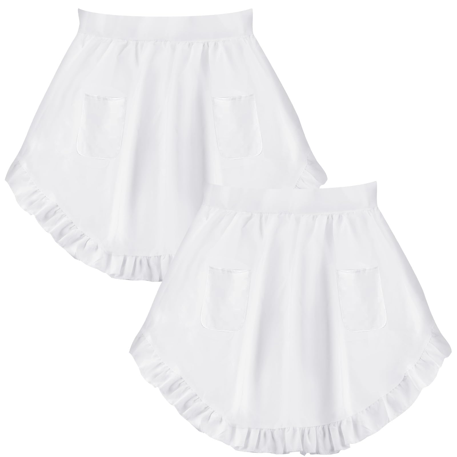 DASHUAIGE 2 Pack Short Waist Aprons for Women, White Hostess Apron with 2 Pockets, Polyester Victorian Style Bistro Apron for Waitress, Cooking & Restaurant Work