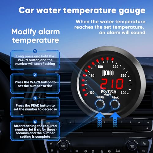 Image of 52mm Water Temperature Gauge with Alarm and 1 /2 NPT Sensor Car Digital Meter Red Display Green Ambient Light Temp 100-300F(-17~187C)