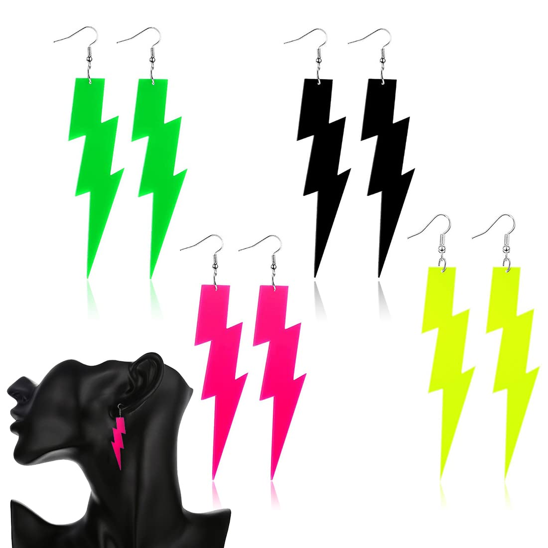Orecchini A Fulmine Neon Anni 80/90 – Acrilico Rosa Shocking E Verde, Accessorio Geometrico Per Feste E Halloween - 4