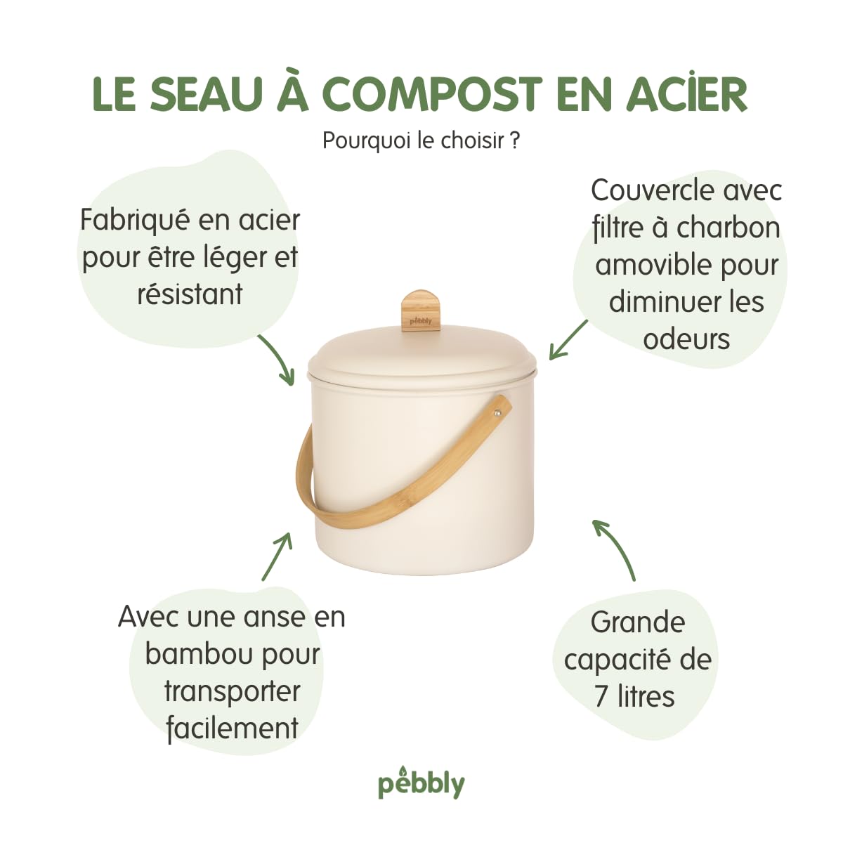 PEBBLY - Seau à Compost d'Intérieur en Acier et Anse en Bambou - 7 litres - Ø 22 x 25 cm - Filtre Anti-Odeur en Charbon Inclus, Seau Élégant, Durable, Léger et Résistant, sans Risque de Fuite