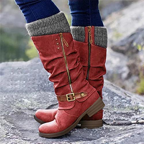 EIYEI Knee High Boots for Women - Women's Tall Knee High Fashion Riding Boots with Buckle Accent Round Toe Chunky Block Low Heels Mid Calf Boots Patchwork Leather Boots Side Zipper Winter Shoes3
