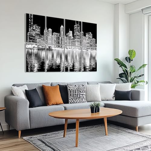 8 Pack Paneles Acústicos Decorativos Ciudad Chicago Blanco y Negro, Absorbentes de Sonido, Paneles Autoadhesivos Para Estudios y Oficinas 48"x32" miniatura 6