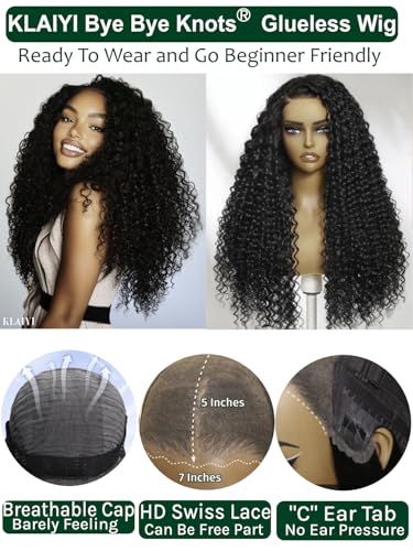 Image of KLAIYI Curly Bye Bye Knots Glueless Wig Human Hair Pre Cut 7x5 HD Lace Front Wig Pre Plucked Bleached 30S Ready to Wear and Go Wigs for Black Women Water Deep Wave Beginners Wig with Baby Hair 24Inch