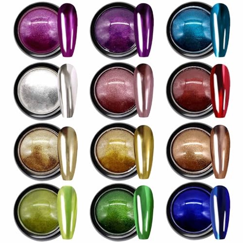 GZMAYUEN 12 Boîtes Poudre Chrome Ongle, Kit Poudre Effet Miroir Ongle Chrome Pigment Ongles pour Nail Art Décoration