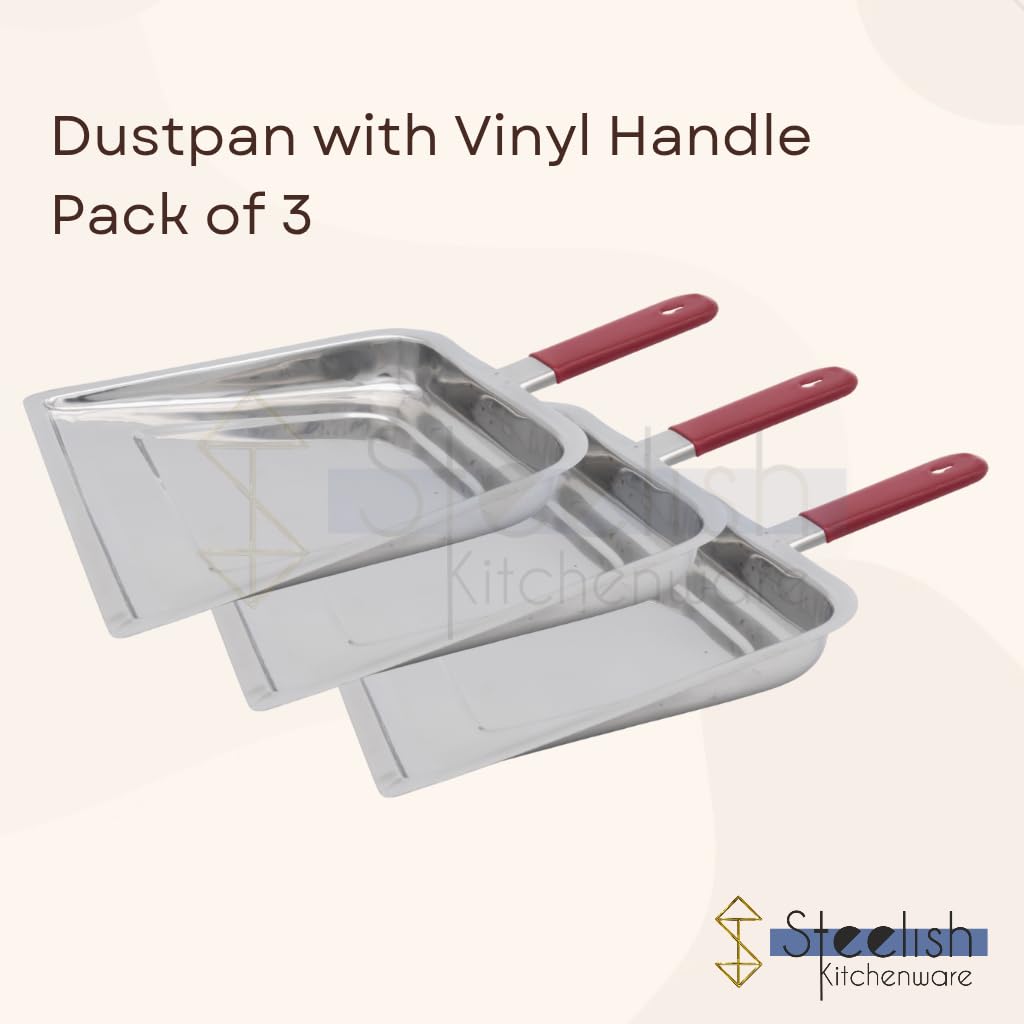 Steelish Stainless Steel Dustpan for Cleaning | Durable Supdi for Kachra & Floor Cleaning | Silver Dusting Pan with Red Handle | Rust-Resistant Kuda Supdi for Home, Kitchen - Pack of 3 1