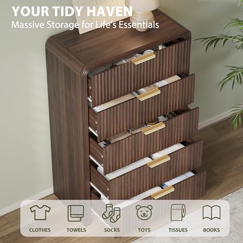 Image of Decofy Fluted 5 Drawers Dresser, 48 inch Tall Modern Chest of Drawers with Round Edge & Metal Handle, Wood Drawer Organizer for Living Room, Bedroom, Entryway, Hallway (Walnut)