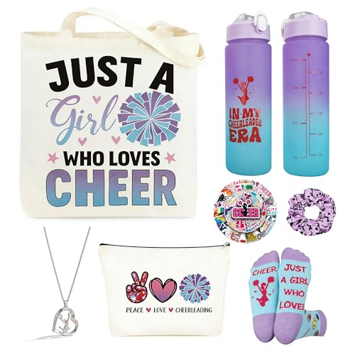 Cheerleader Gifts for Girls – Sports Gift Set with Water Bottle, Canvas Tote Bag, Makeup Bag, Scrunchie, Socks, Necklace, Stickers – Cheerleading Gift for Girls, Birthday Gifts for Cheerleader Lovers