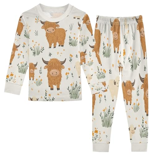 Vozoza Adorable Highland Cow Green Pajama Sets Long Sleeve Top with Pants Cotton Soft Sleepwear 2 Piece Pjs Set Size 4T