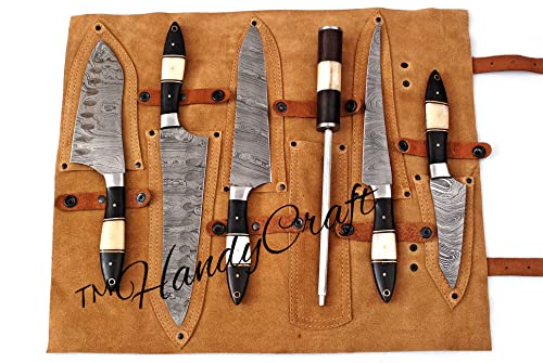 Handycrafts Hk71 Damascus Chef Knife Set Of 6 Pieces Professional Utility Japanese Style Bbq Steel With Black American Wood And Camel Bone Leather Sheath Cover, Hc71, Black/White, 11 X 3 X 2 Inches #TOP7