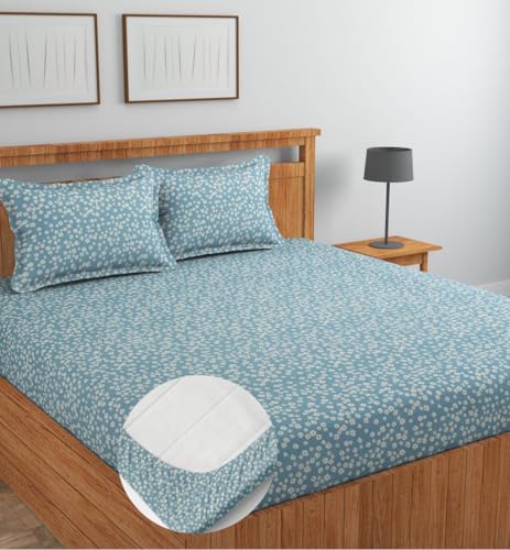 Image of NEW LEAF Glace Cotton Fitted King Size Double Bedsheets with 2 Pillow Covers | Elastic Fitted | Wrinklefree | Ultrasoft |Winter Bedsheet 220 tc tc Floral | 78 x 72+10 Inches, Light Blue