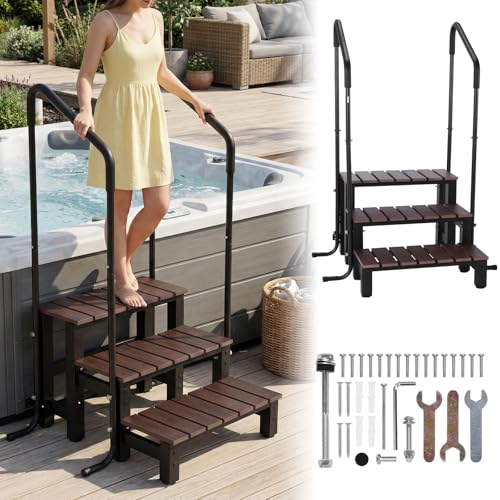 Image of 3-Step Hot Tub Steps with Handrail, 550lbs Load Capacity Heavy Duty Aluminum Frame Spa Stairs, Mobile Outdoor RV Steps, Removable Railing Safety Ladder for Camper, Above Ground Pools, Porch