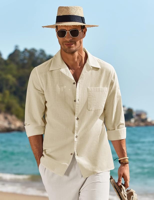 Image of Combo of Men's Casual Cotton Blend Shirt || Long Sleeve Button Down with Spread Collar | Lightweight Breathable Fabric | Stylish Solid Shirt for Beach, Office & Everyday Wear Pack of 2