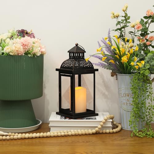 Image of NEEDOMO Lanterns Decorative Indoor & Outdoor, 15'' Lantern with LED Candle, Vintage Metal Hanging Lanterns for Patio, Front Porch,Yard, Table, Spring (NO Glass)