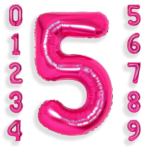 Suwen Ballon Chiffre Rose Vif Anniversaire 5 Géant 40 Pouces 101 CM Rose Foncé Fuchsia Numéro 5 Ans Ballons Numériques à Hélium de Baudruche Garçon...
