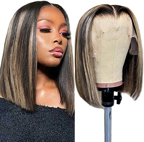 PNEX Highlight Bob Wigs Human Hair 13x4 Transparent Balayage Straight Lace Front Wigs Human Hair 150% Density Short Ombre Bob Wig Human Hair for Black Women Pre Plucked Natural Hairline (12inch, AB134-WIG-Balayage-ST)