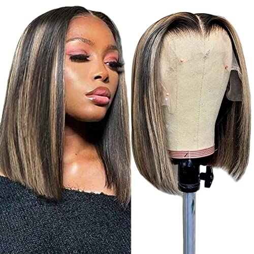 Pnex Highlight Bob Wigs Human Hair 13X4 Transparent Balayage Straight Lace Front Wigs Human Hair 150% Density Short Ombre Bob Wig Human Hair For Black Women Pre Plucked Natural Hairline (12Inch, Ab134-Wig-Balayage-St) #TOP19