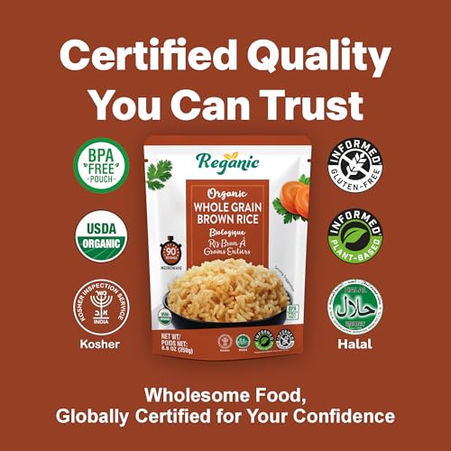 Image of Reganic Organic Rice Variety Pack - Whole Grain Brown Rice & Cilantro Lime Rice (6 Each) | High Protein, High Fiber, Ready in 1.5 Minutes | USDA Organic, Vegan, Gluten-Free, Non-GMO | 8.8 oz (Pack of 12)