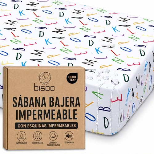 Bisoo Sabana Magica Cuna 70x140. Bajera Infantil de Algodón Jersey Impermeable y Transpirable para Maxicuna 140 x 70. Ahórrate Comprar el Protector de Colchon Aparte. Cert. Oeko-Tex, Letras