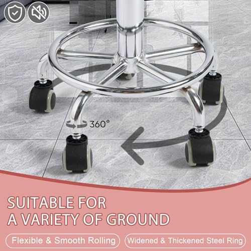 Image of Rolling Stool with Wheels - 500lbs,Thick 9.5cm Cushion, Height Adjustable | PU leather|Swivel silent rubber casters|Foot pedal ring|space-saving|For Drafting salon tattoo clinic garage home office