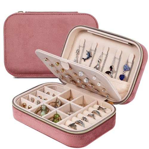 Dajasan Boite Bijoux Voyage, Boîte à Bijoux Femme, Petite Boite a Bijoux, Boîte à Bijoux Velours, Boîtes à Bijoux pour Femme, Fille, Mère, Enfants, Grand-Mère(Rose)
