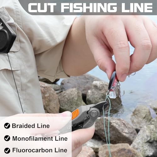 Image of Booms Fishing Line Cutter with Retractor: Mini Fishing Scissors for Braided Momo Fluoro Line - Braid Scissors Saltwater with Hook Eye Cleaner - Serrated Shears with Locking Feature, FR1 Orange