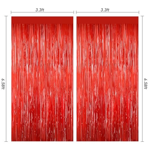 Image of Red Tinsel Backdrop, 2Pack Fringe Curtains, Red Foil Tinsel Party Streamer Backdrop Curtains, Engagement Wedding Photo Backdrop Party Decorations for Wedding Anniversaries Christmas Baby Shower Decors