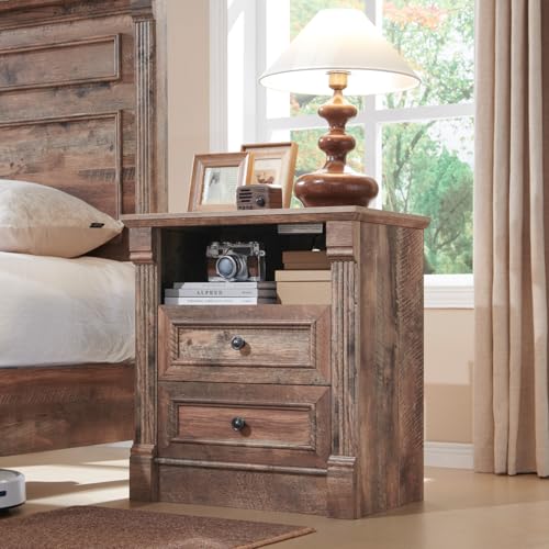 Image of 26 inch Tall Nightstand with Charging Station, Farmhouse 23.6 inch Wide Large End Table w /Roman Column, Wood Rustic Side Table w /Open Shelf, 2 Drawers Dresser for Bedroom, Living Room, Light Brown