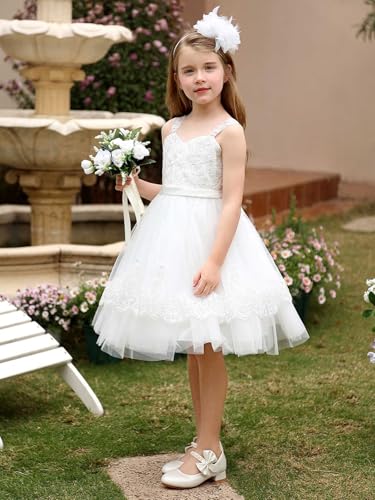ABAO SISTER White Lace Embroidered Spaghetti Straps Tulle Short Flower Girl Dress with Back Bow3