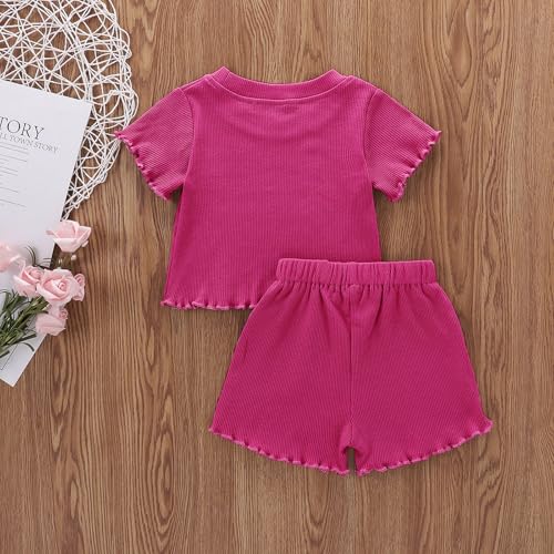 Image of Toddler Girl Clothes Summer Outfit Short Sleeve Shorts Set 12M-5T | Soft ribbed knit toddler girl outfit with breathable fabric, ruffle top, comfy shorts and stretchy fit for summer daily wear.