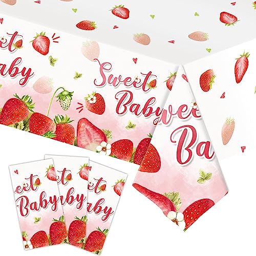 MaitianGuyou 3Pcs Strawberry Party Tablecloth, Strawberry Theme Birthday & Baby Shower Decorations, Plastic Tablecovers, Berry First Birthday Decoration, 54 x108 Inch