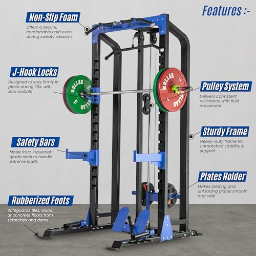 Image of BULLAR Power Squat Rack with Pull Up Bar, Heavy-Duty Adjustable Frame, Home Gym Training Equipment, Black and Blue
