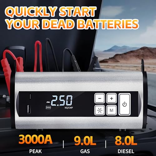 3000A Jump Starter Power Pack with 22 cylinder poweful Air pump,12V Portable Car Battery Booster Jump Starter for all Gas/10L Diesel,Jumper Power Pack Emergency Start Power Bank with LED Flashlight - Image 2